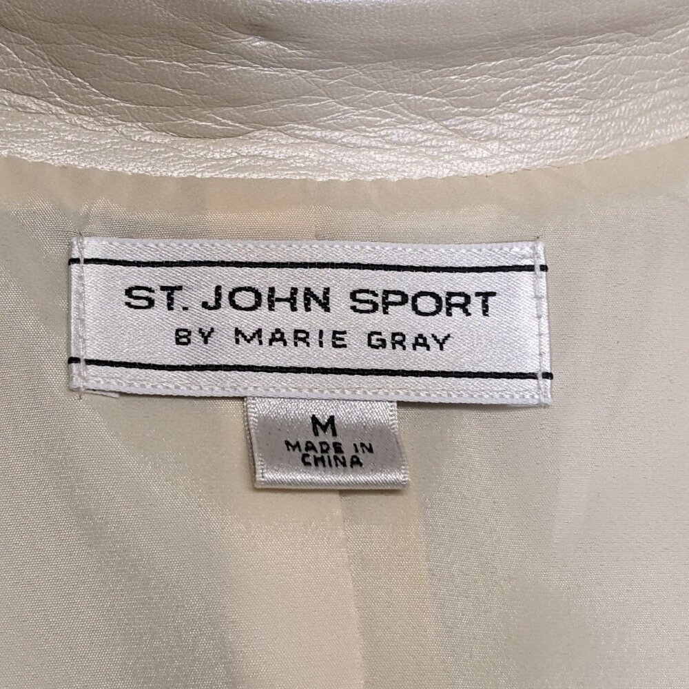 ST. JOHN Ivory 100% Leather Jacket w/ Baby Blue & White Braided  Trim - Picture 9 of 10